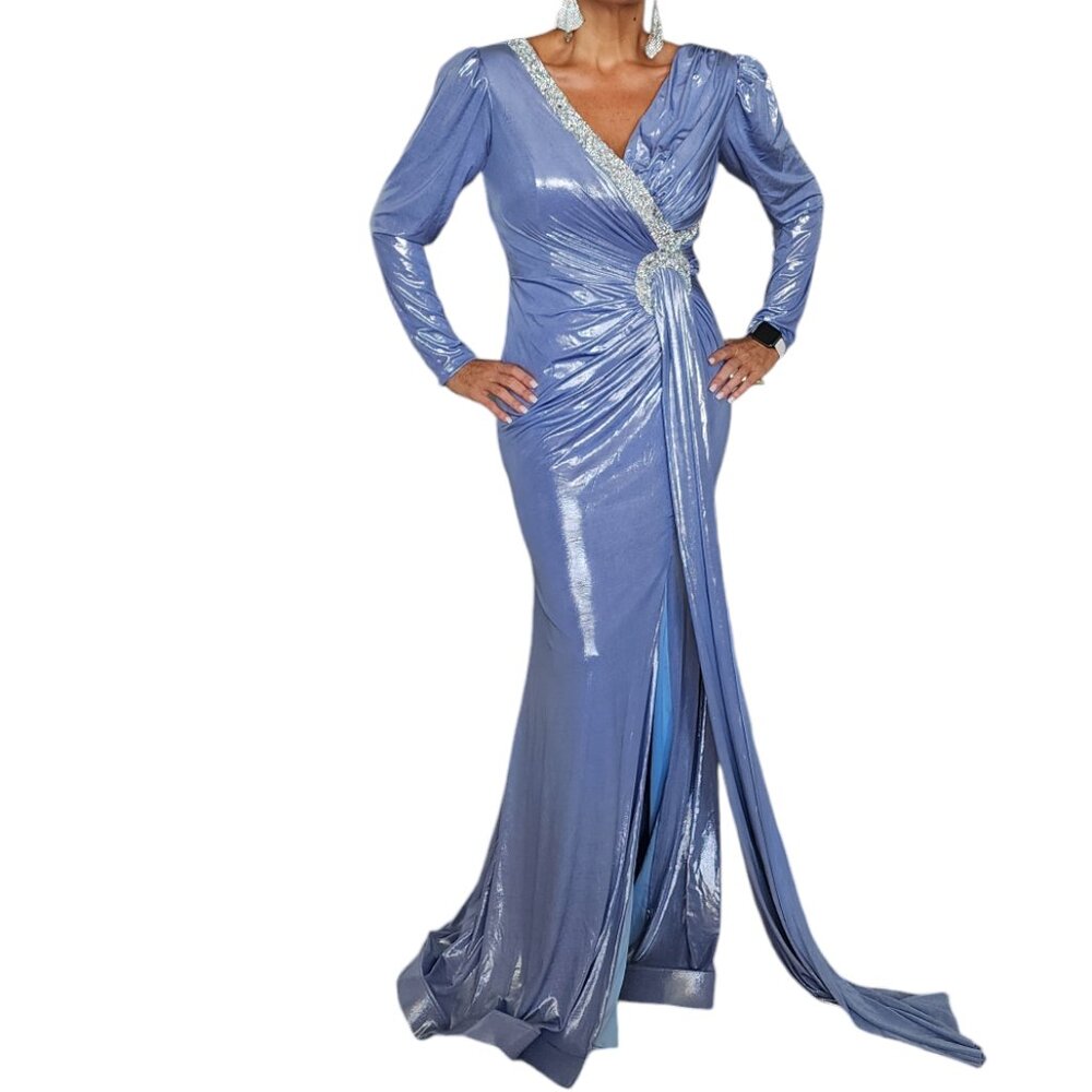 Metallic Blue Long Sleeve Gown with Rhinestone Detailing Formal Dress Size L